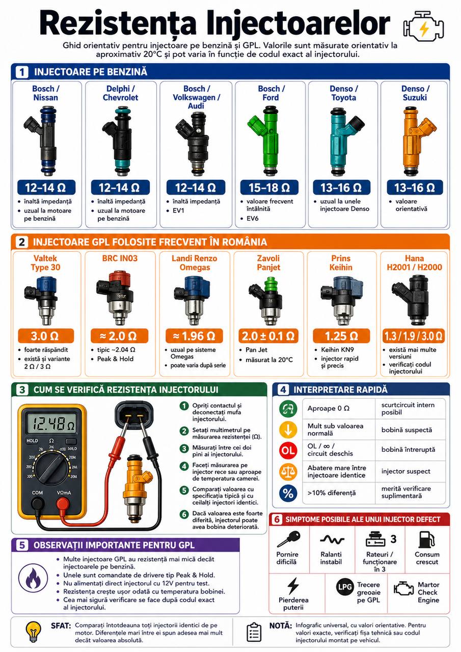 Tabel orientativ valori rezistență injectoare GPL și benzină